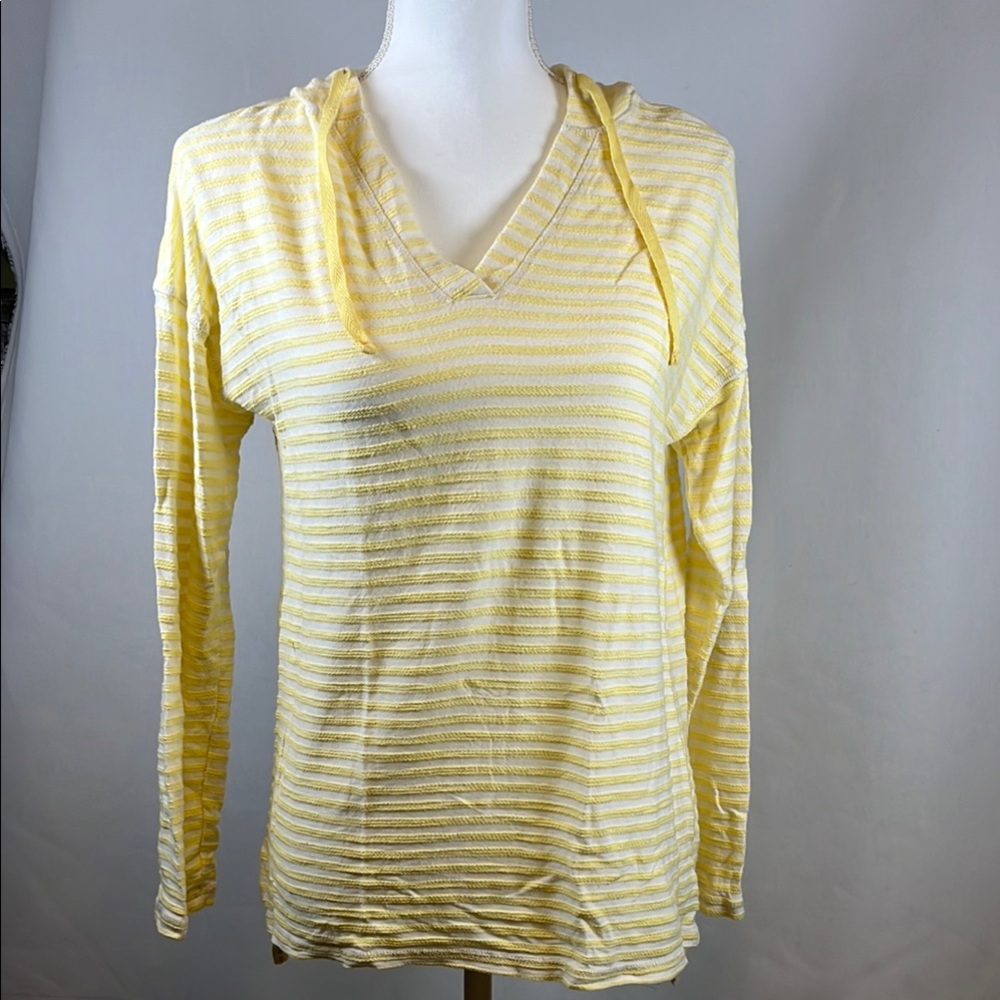New Directions Yellow and White Striped V-Neck Hooded Pullover